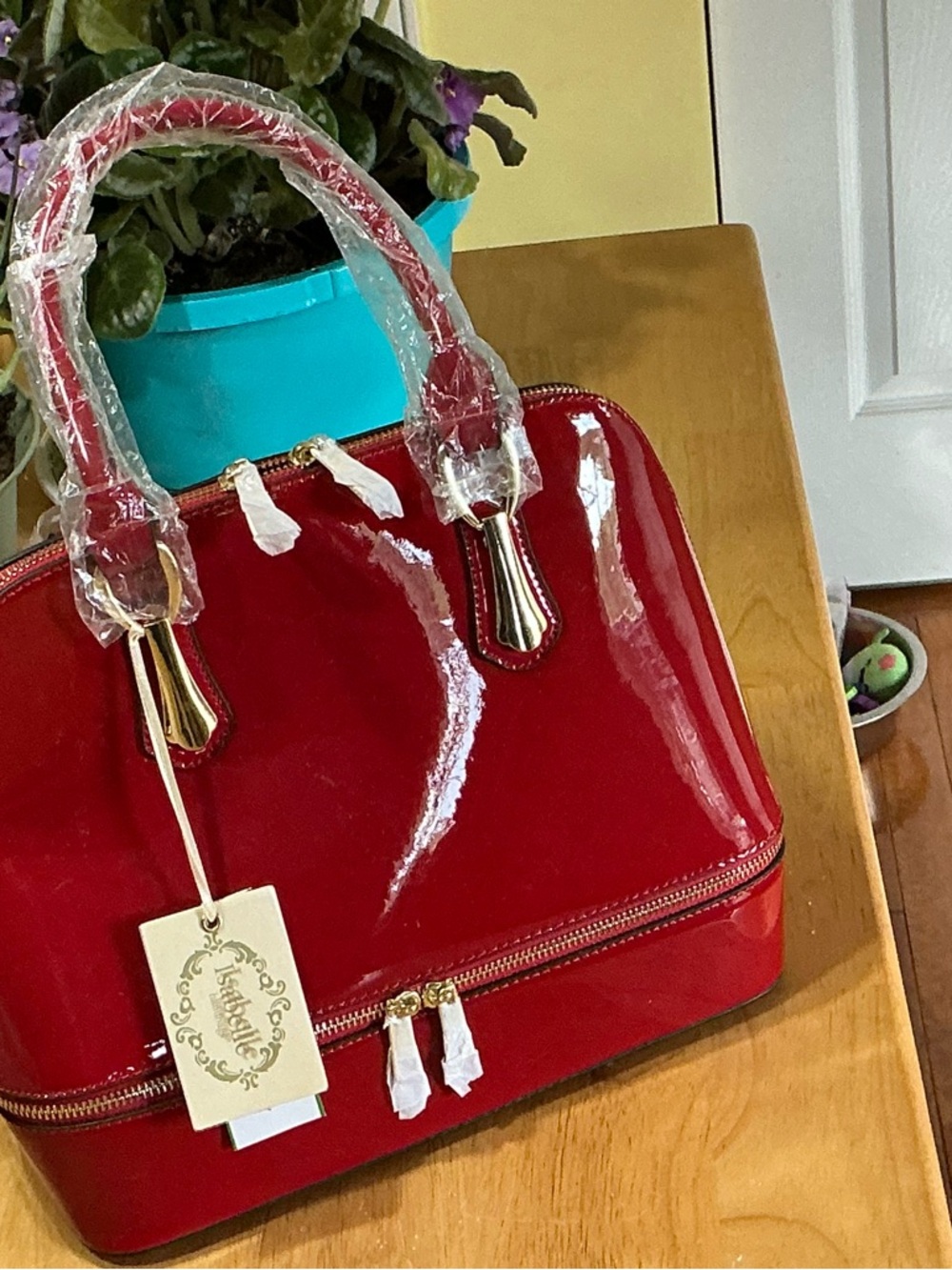Glossy Red Patent Dome Satchel with Gold Accents